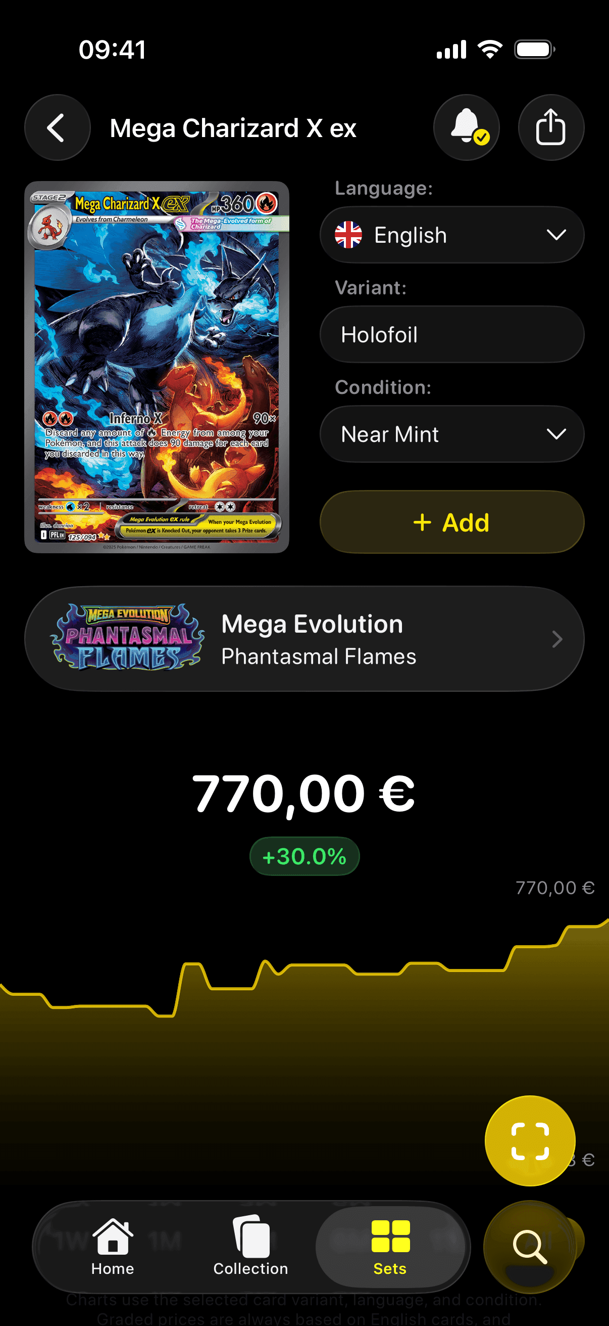 Pokefolio card detail for Mega Charizard X ex with price chart and add controls