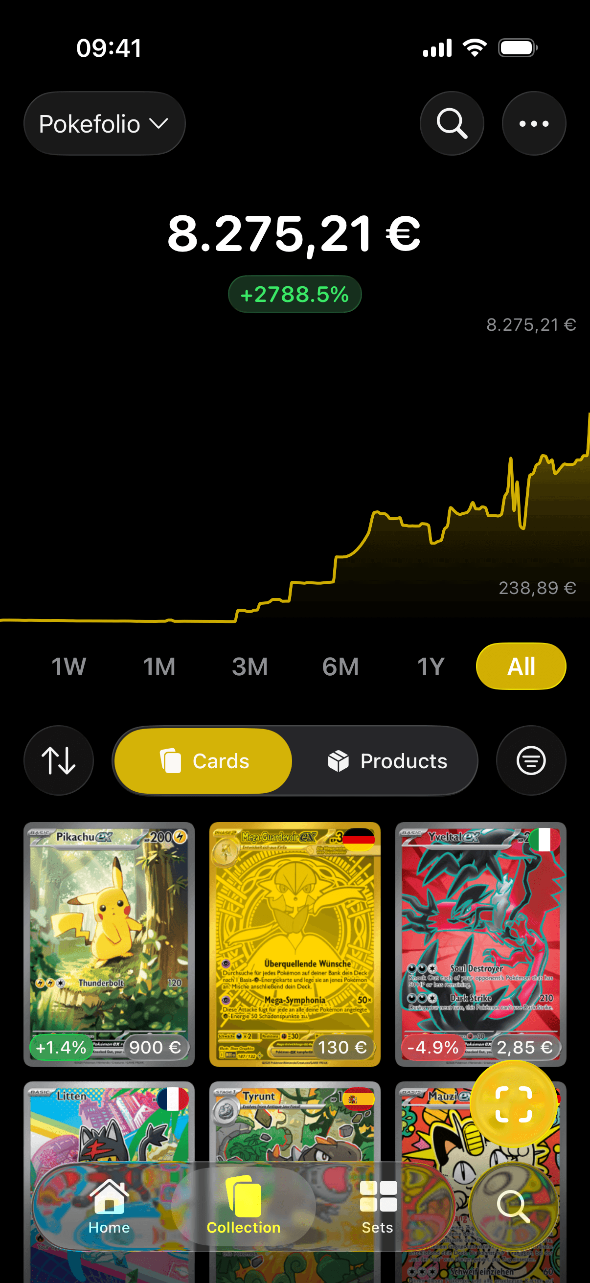 Pokefolio collection screen with portfolio value chart and card grid
