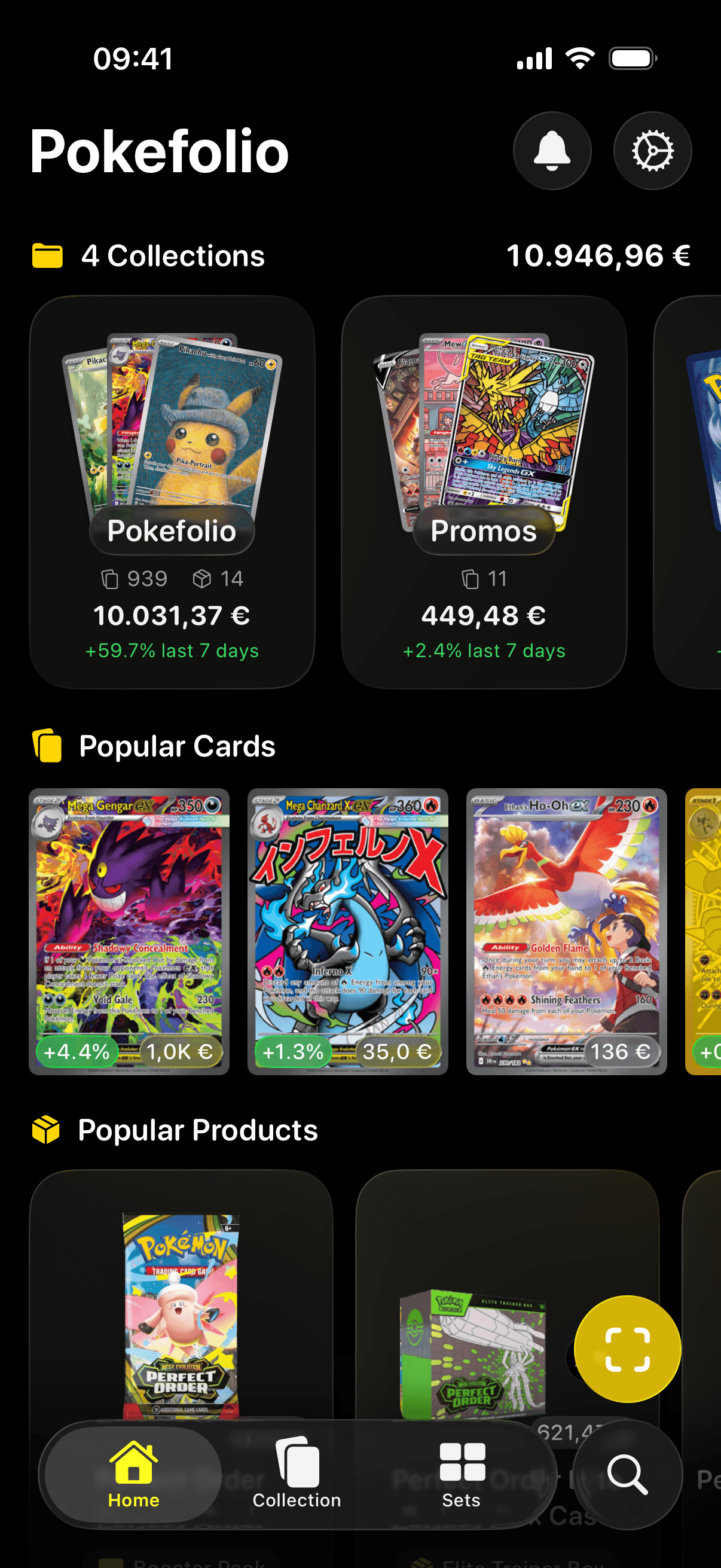 Pokefolio home screen with collections, popular cards, and popular products