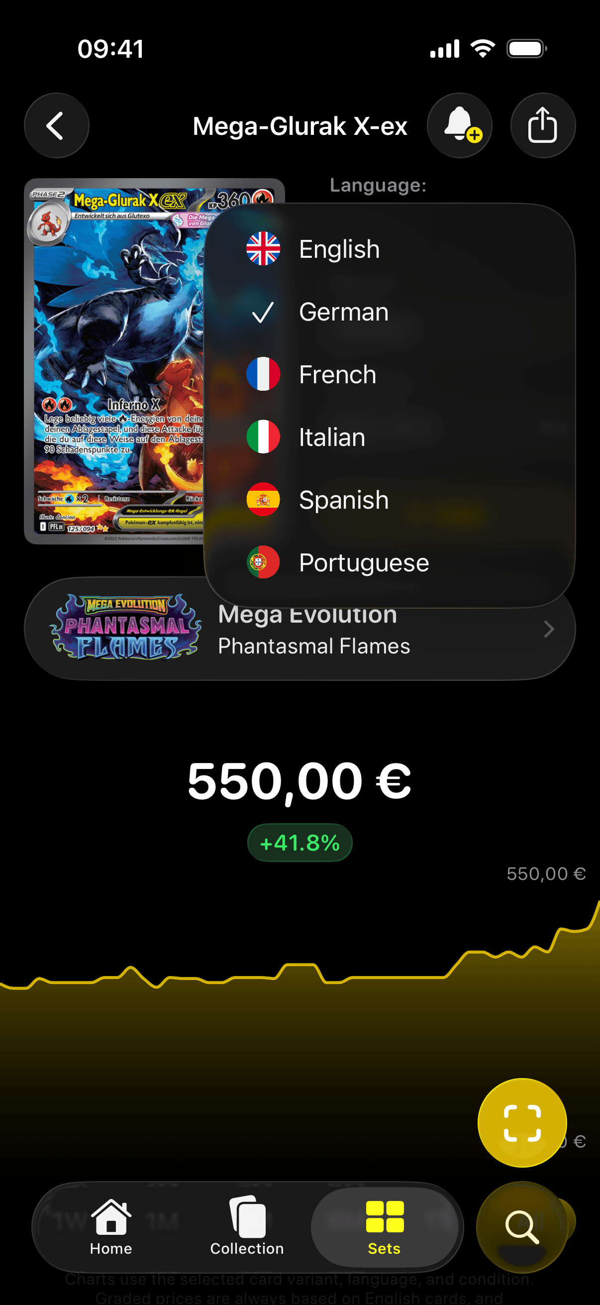 Pokefolio language picker for Pokemon card variants in multiple languages