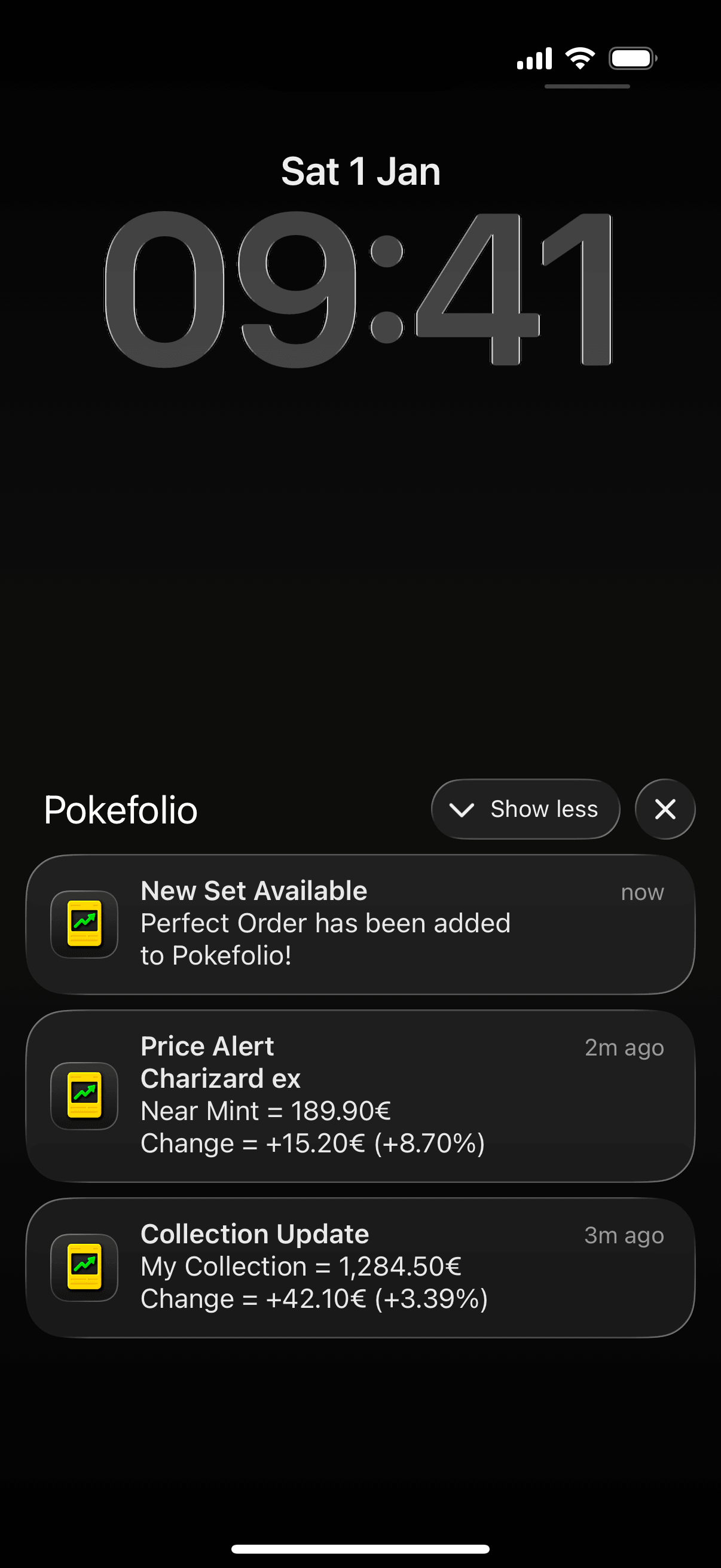 iOS lock screen with Pokefolio notifications for new sets and price alerts