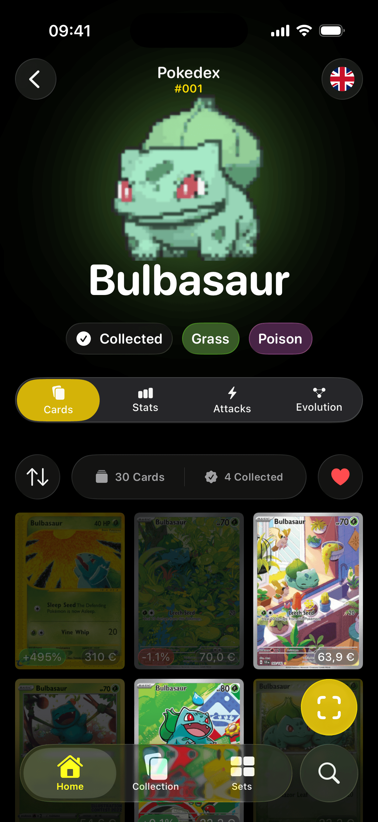Pokefolio Pokedex detail for Bulbasaur with types, stats tabs, and card grid
