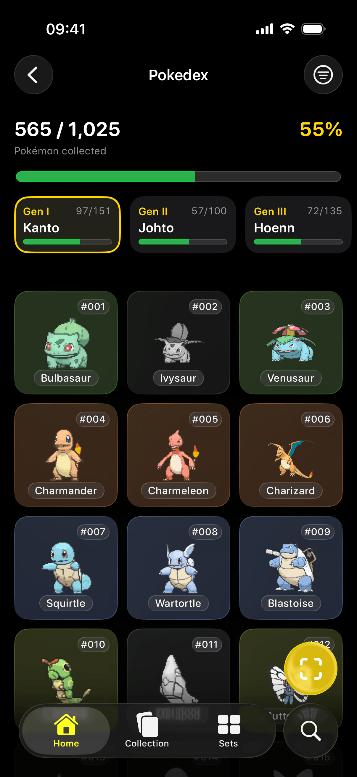 Pokefolio Pokedex overview with generation progress and Pokemon grid