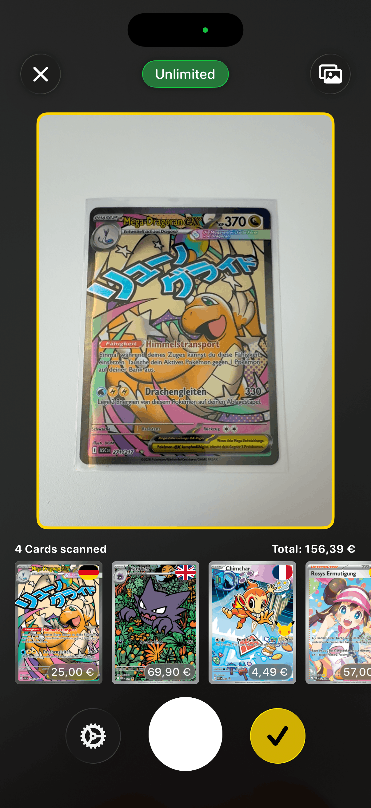 Pokefolio scanner recognizing multiple Pokemon cards with prices