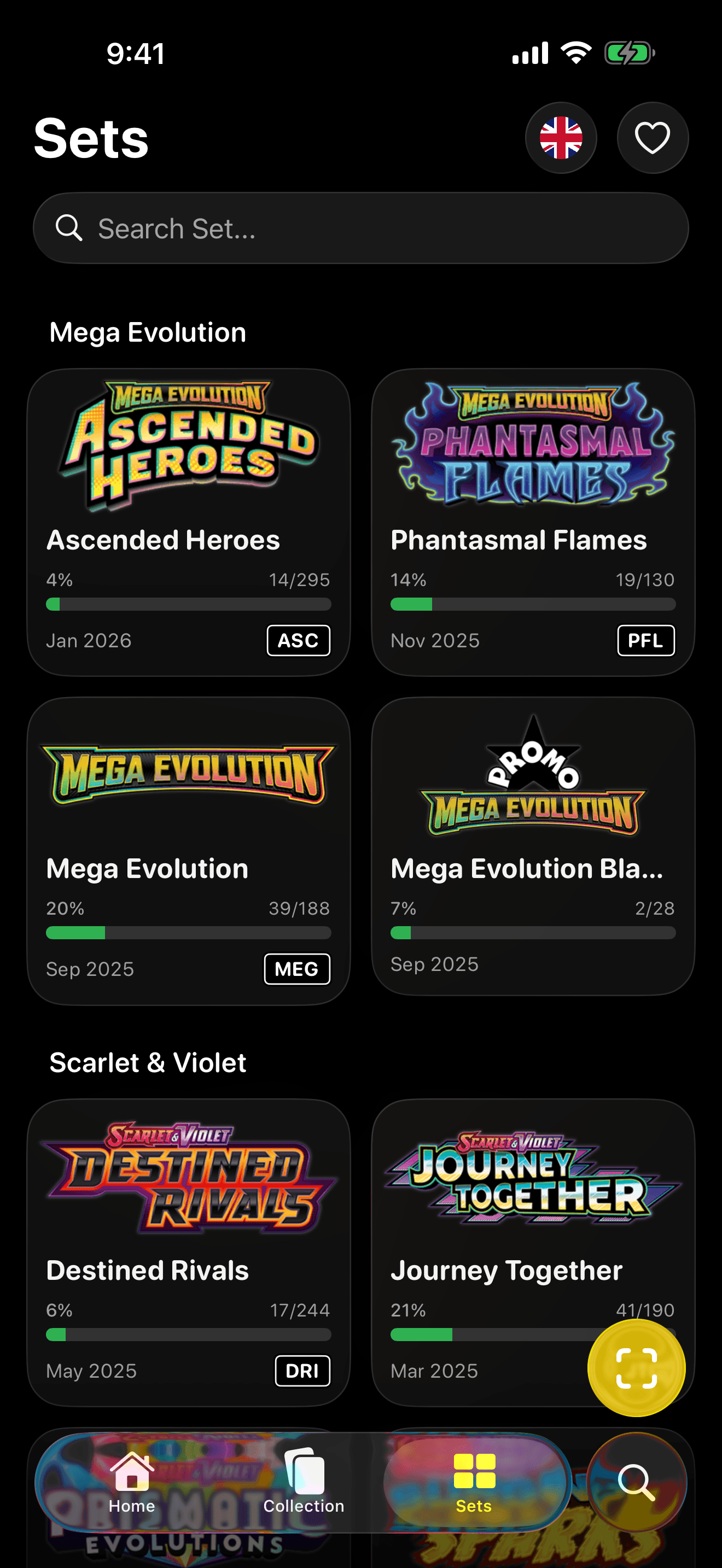 Pokefolio sets screen with English Pokemon TCG set logos and completion progress